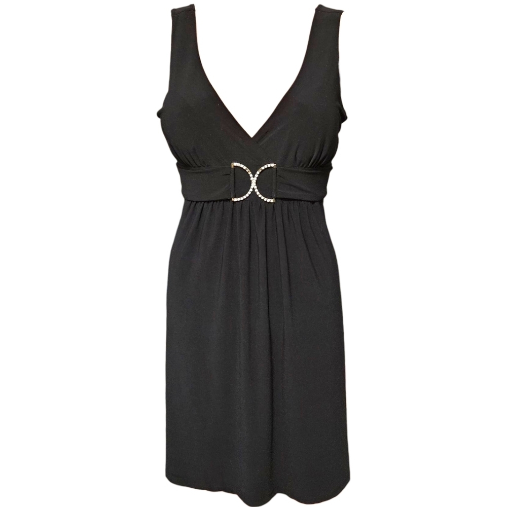 Vintage Y2K Taboo Black Mini Dress L Rhinestone Belt Sleeveless Deep V Party